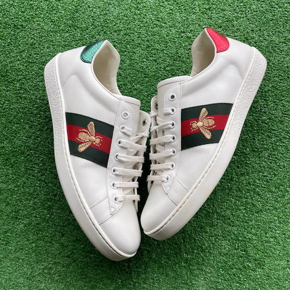 Gucci White Ace Embroidered Bee Size 9.5